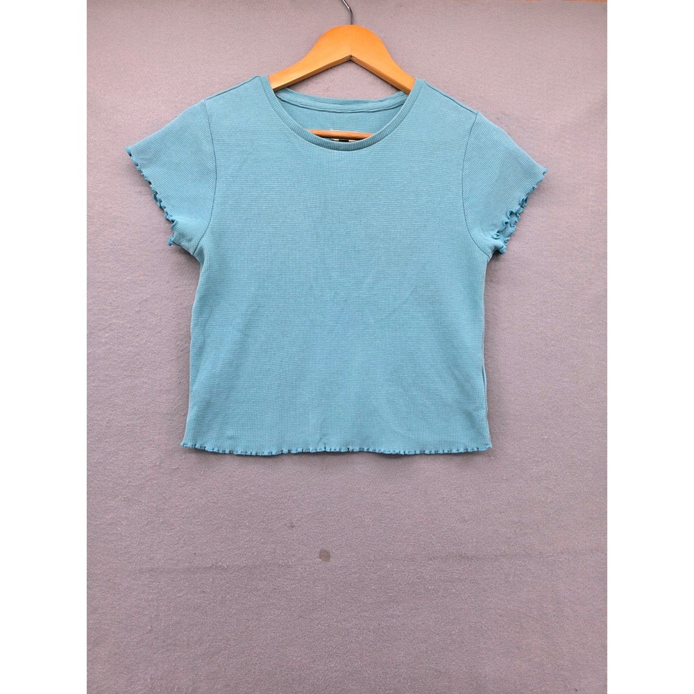 Pilcro Anthropologie Waffle Knit Baby Tee Blue Cotton Lettuce Trim Top Large